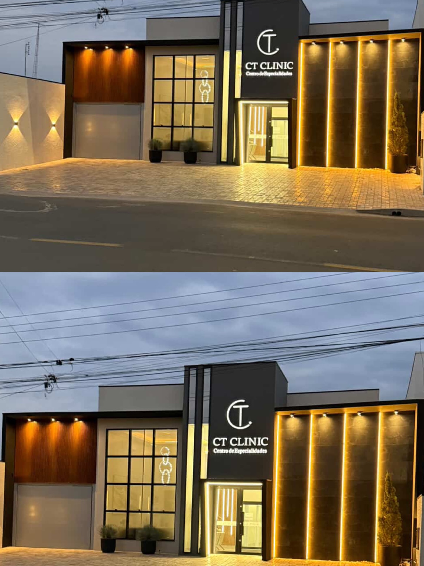 Fachada da CT Clinic na Rua Pernambuco, com entrada central e iluminação dourada